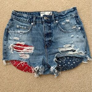 Garage Blue and Red Bandana Pocket Jean Shorts with Distressed Details